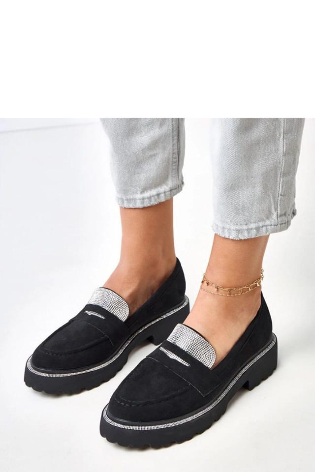 Love Lace Love Lace Women's Moccasin Slip On Suede Style Shoes with Zircon Charm Heel in Black - 2