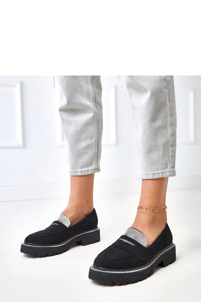 Love Lace Love Lace Women's Moccasin Slip On Suede Style Shoes with Zircon Charm Heel in Black - 3