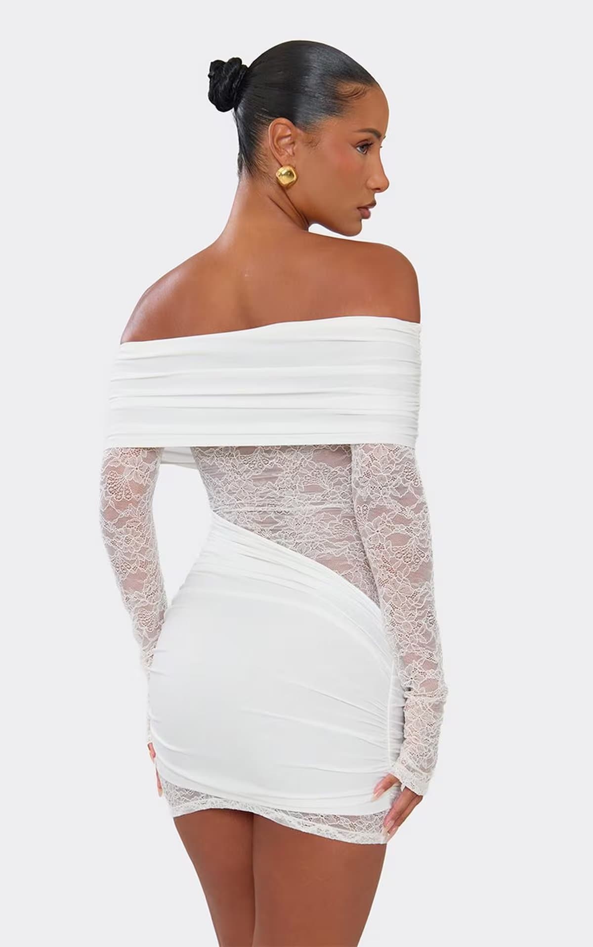 EGO Bardot Long Sleeve Lace Panel Mini Dress In White., Women's Size UK 6