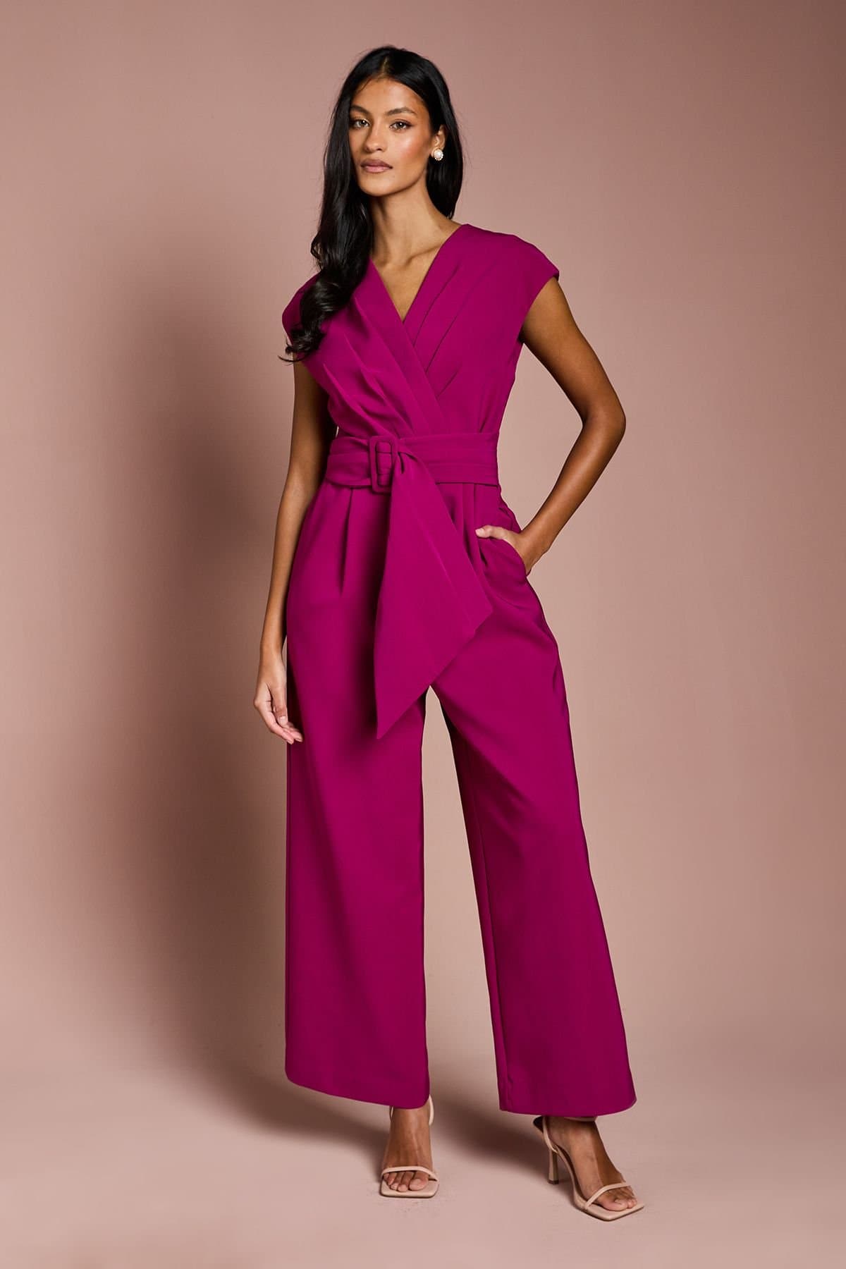 Coast Coast Women's Petite Belted Crepe Jumpsuit in Berry