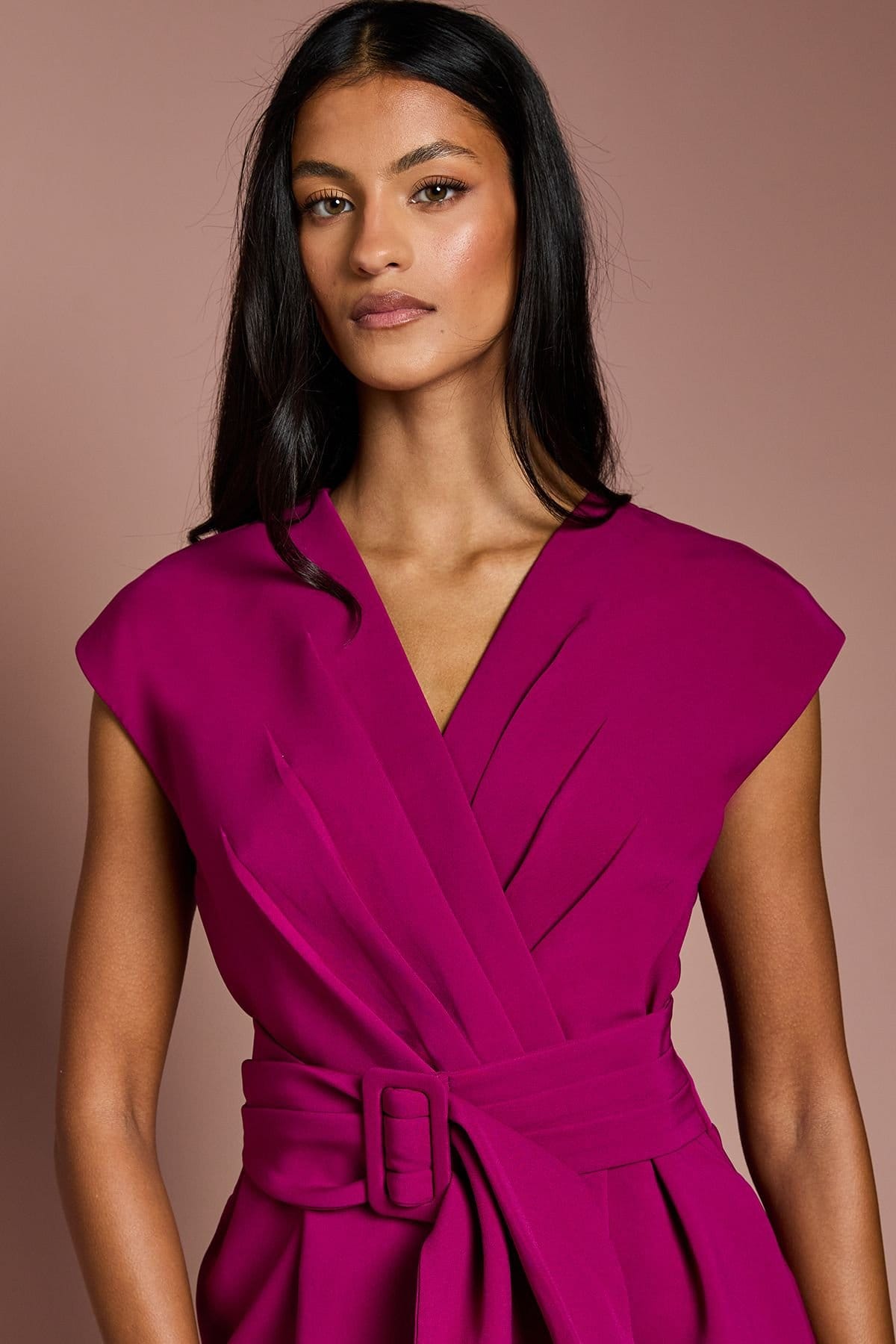 Coast Coast Women's Petite Belted Crepe Jumpsuit in Berry - 4