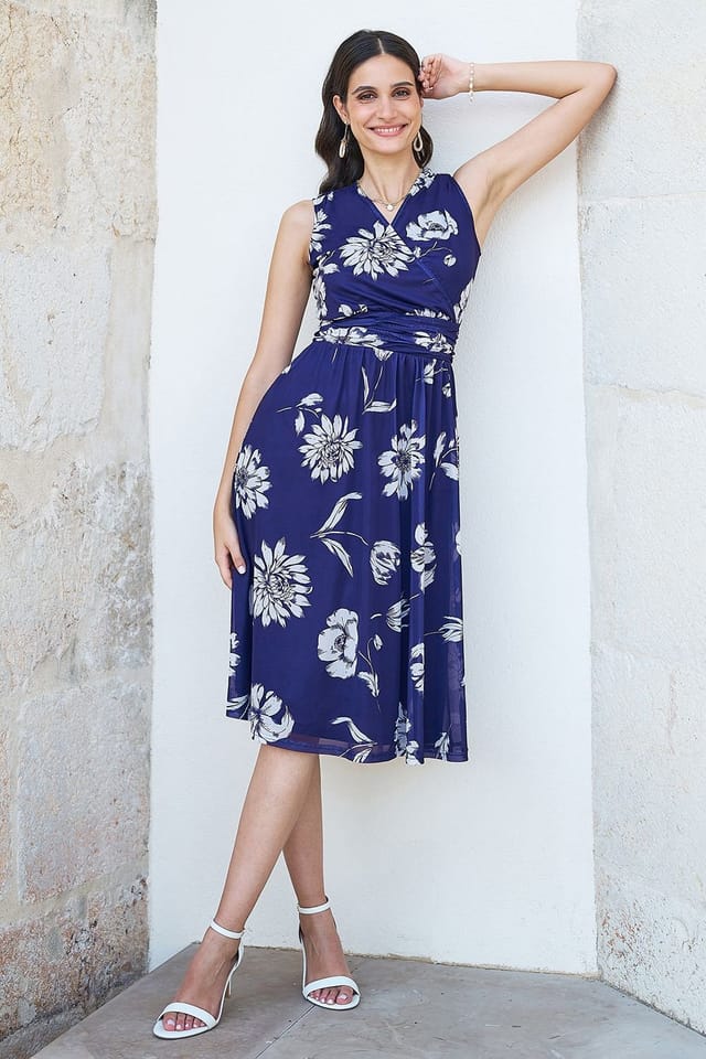 Yumi Yumi Women's Navy Floral Print Stretch Mesh Dress With Pockets - 3