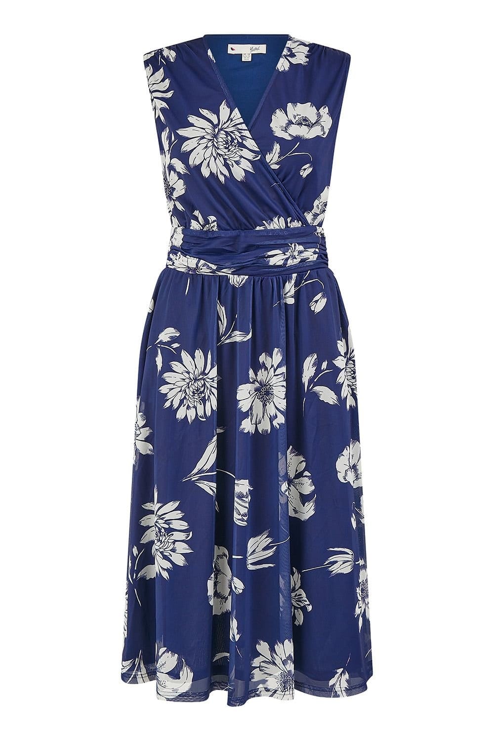 Yumi Yumi Women's Navy Floral Print Stretch Mesh Dress With Pockets - 4