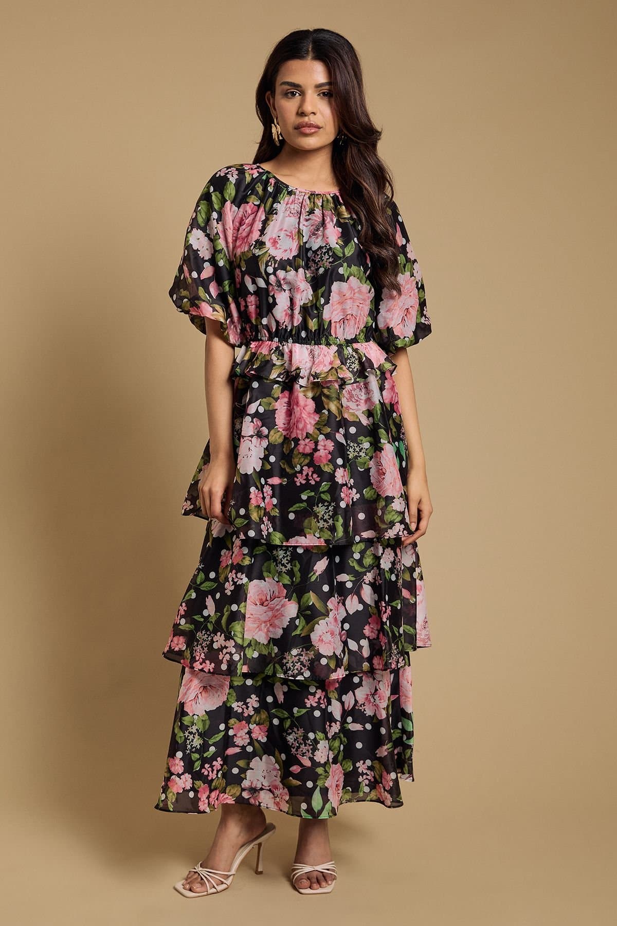 Oasis Oasis Women's Petite Shirred Bodice Puff Sleeve Tiered Midi Dress in Black