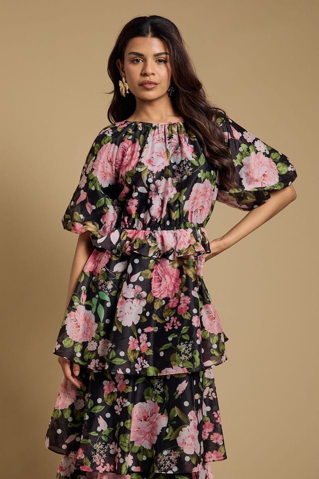 Oasis Oasis Women's Petite Shirred Bodice Puff Sleeve Tiered Midi Dress in Black - 2