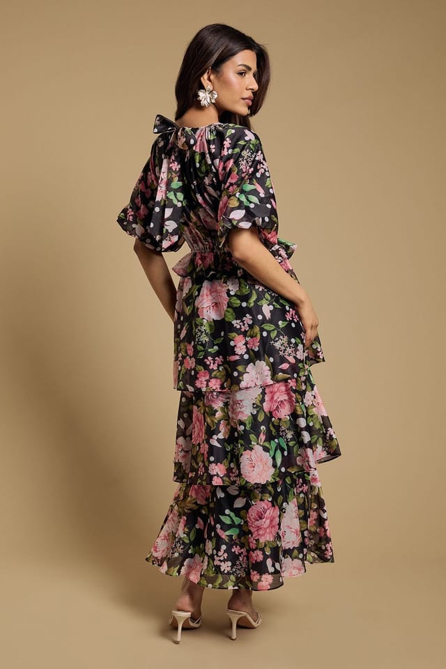 Oasis Oasis Women's Petite Shirred Bodice Puff Sleeve Tiered Midi Dress in Black - 3