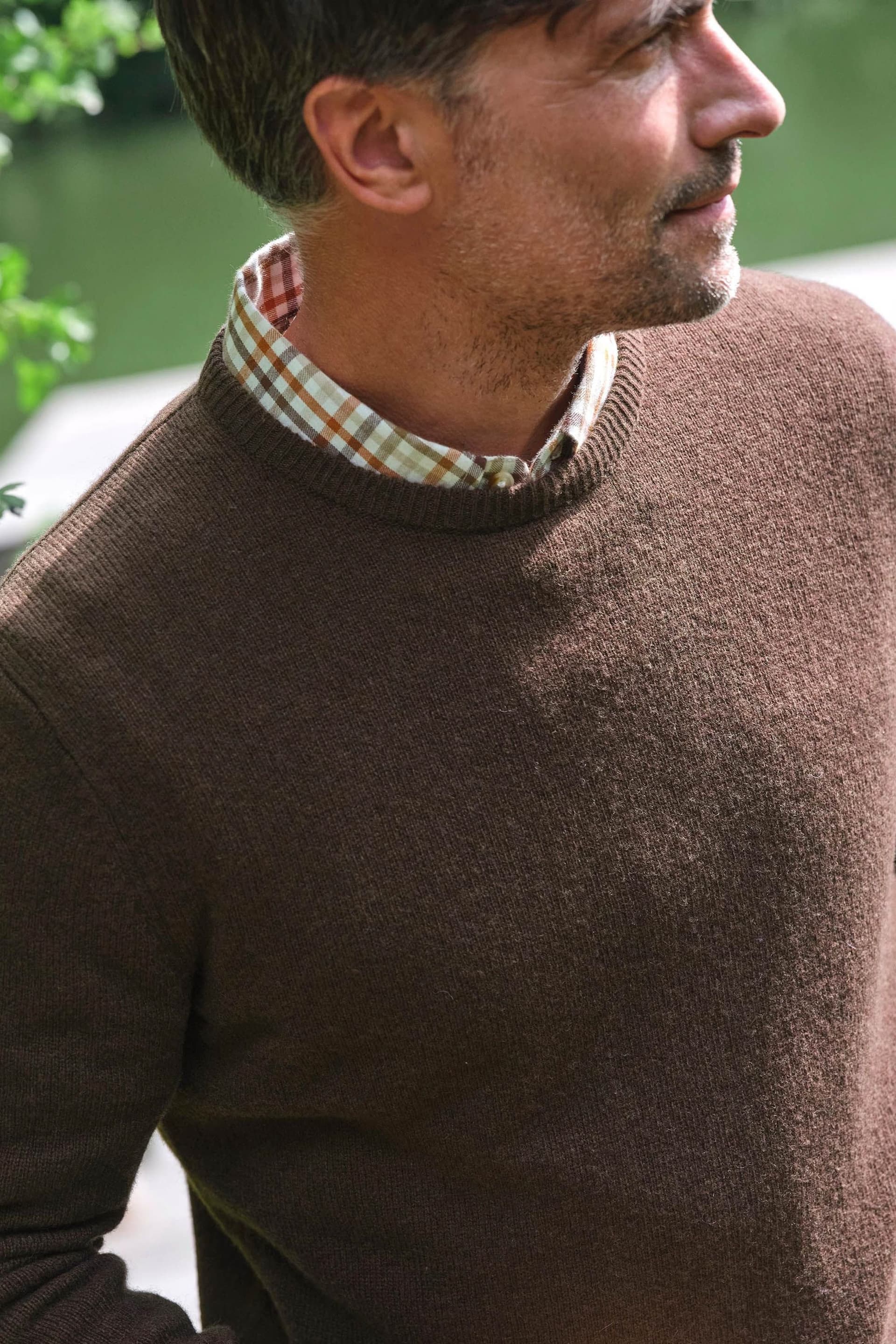 WoolOvers WoolOvers Men's Lambswool Classic Crew Jumper in Brown