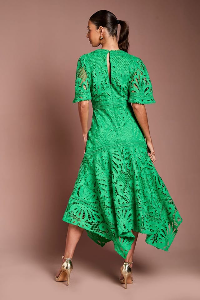 Coast Coast Women's Placement Lace Hanky Hem Dress in Green - 3