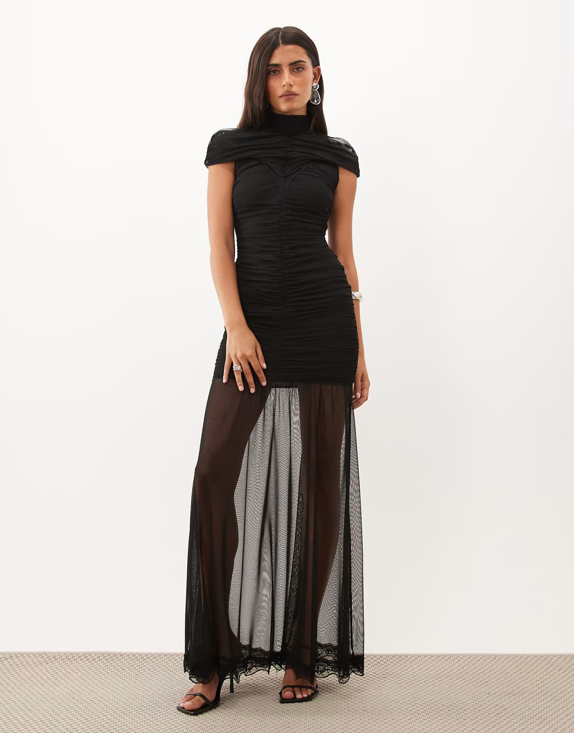 ASOS TFNC mesh high neck maxi dress with ruched detail in black