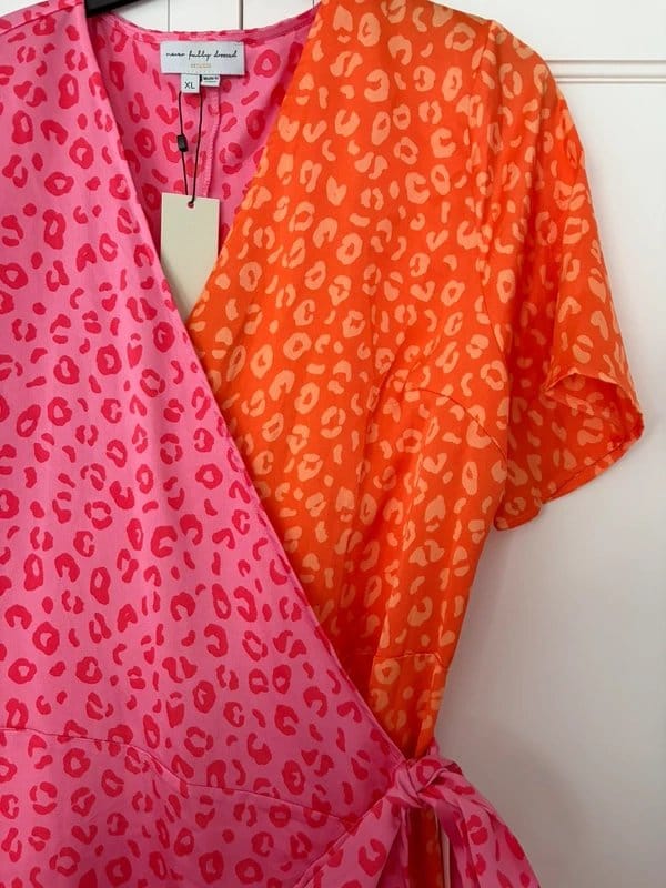 Never Fully Dressed Pink and Orange Leopard Print Wrap Dress