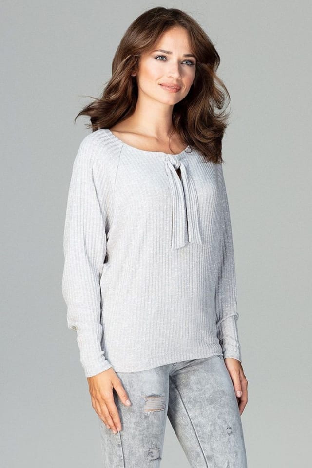 Love Lace Love Lace Women's Lightweight Knitted Long Sleeve Bow Blouse in Grey - 2