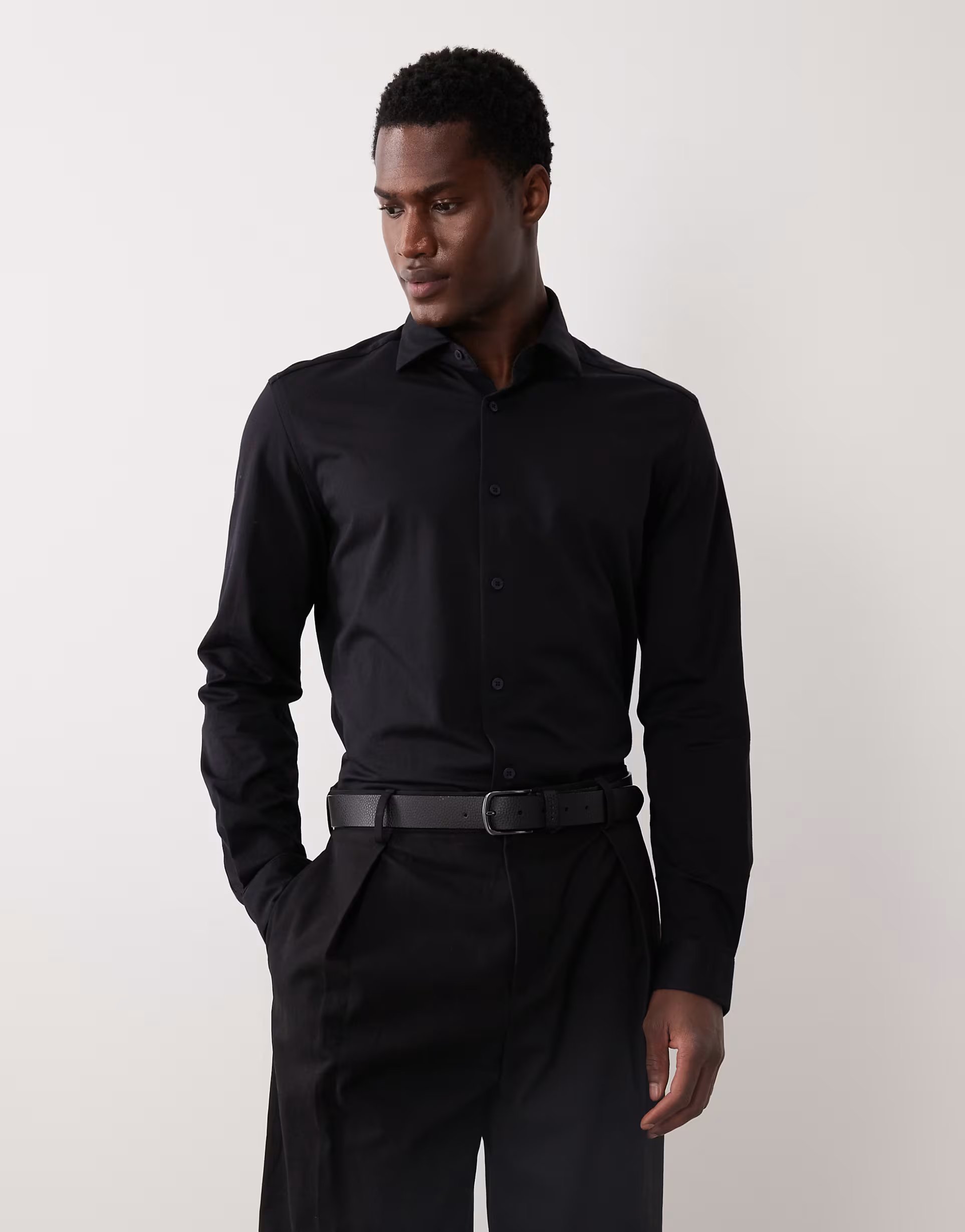 ASOS Mango slim fit crease resistant cotton mix shirt in navy - 1