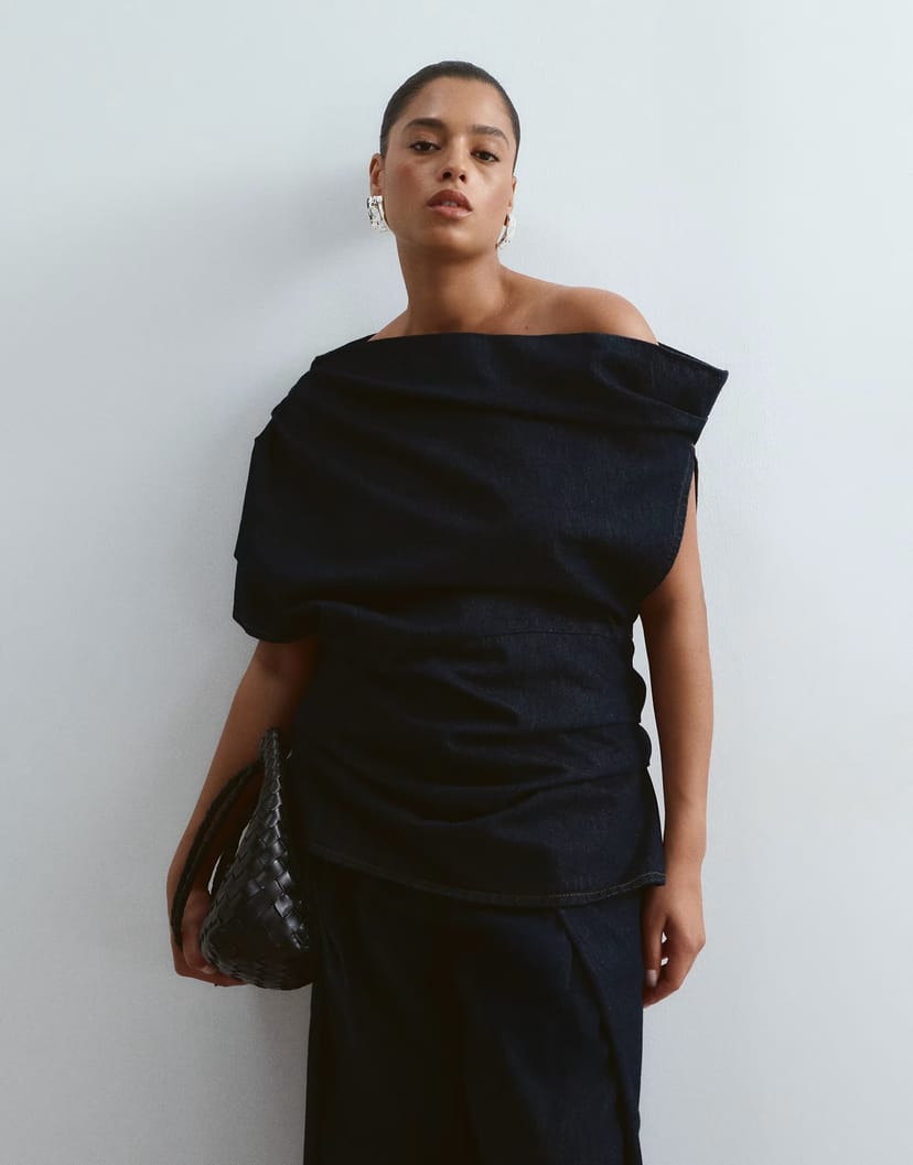 ASOS ARRANGE Curve denim off shoulder pleat waist top co-ord in indigo - 1