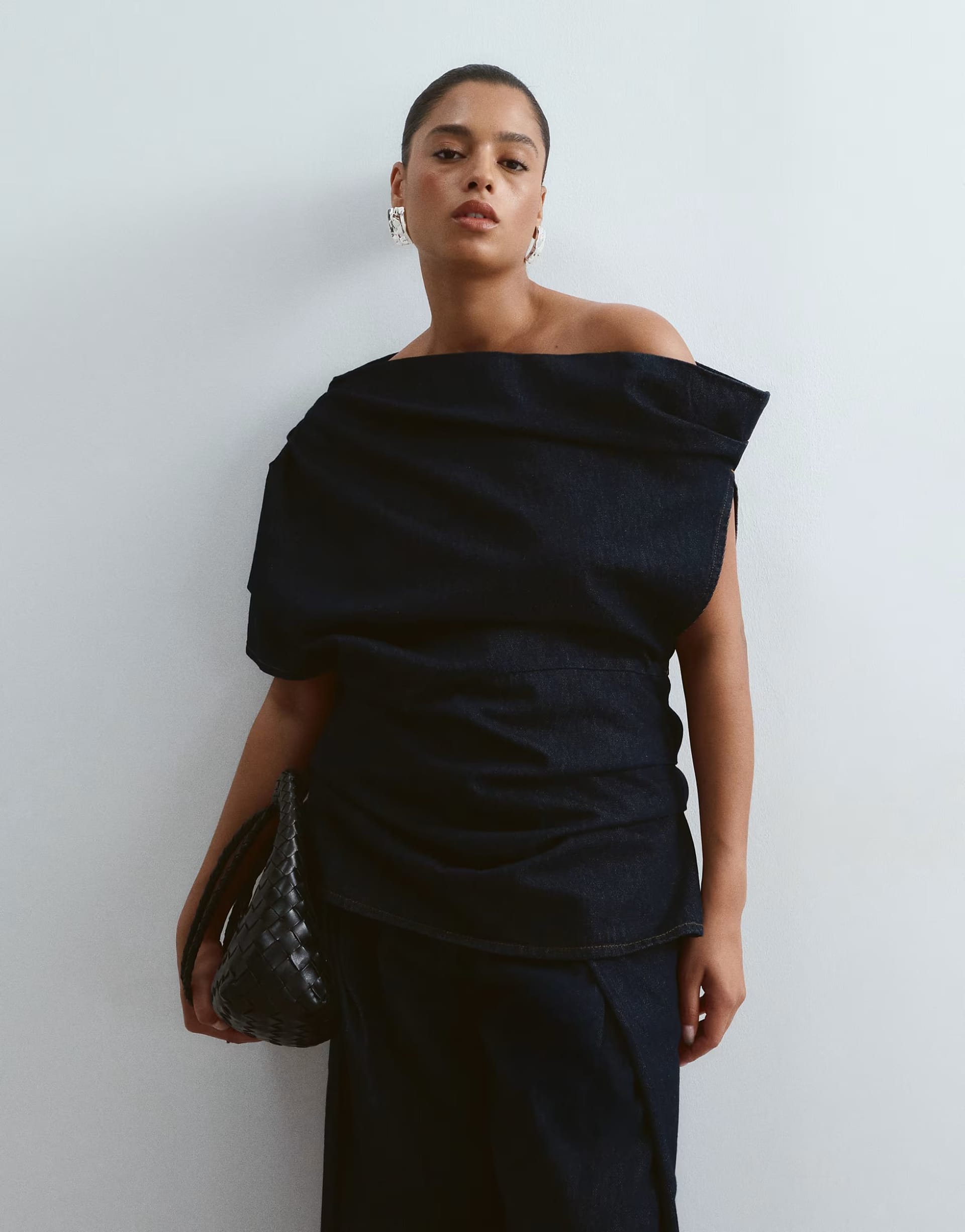 ASOS Curve Indigo Denim Off-Shoulder Pleat Waist Top Co-Ord