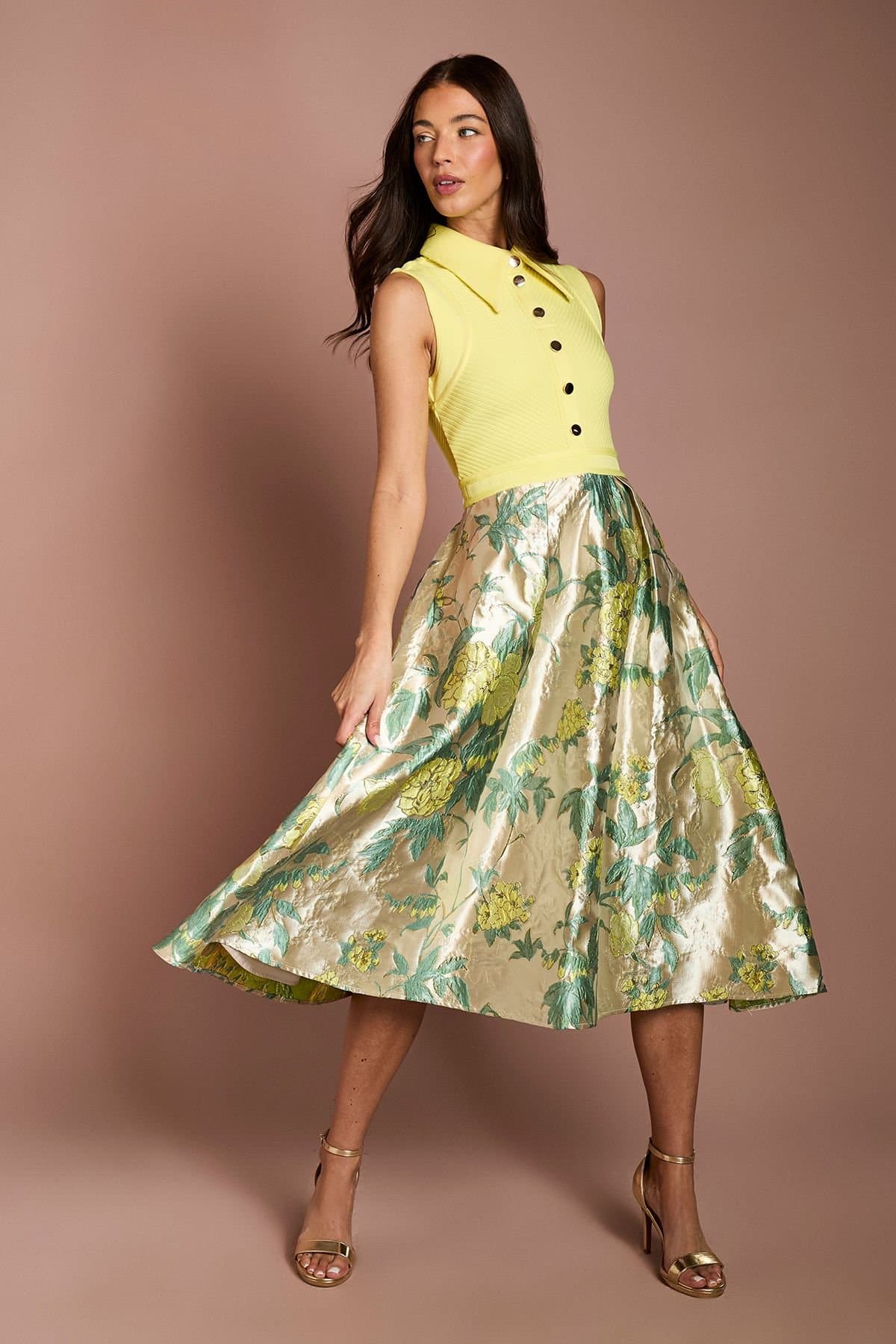 Coast Coast Women's Bandage Bodice Jacquard Skirt Midi Shirt Dress in Yellow