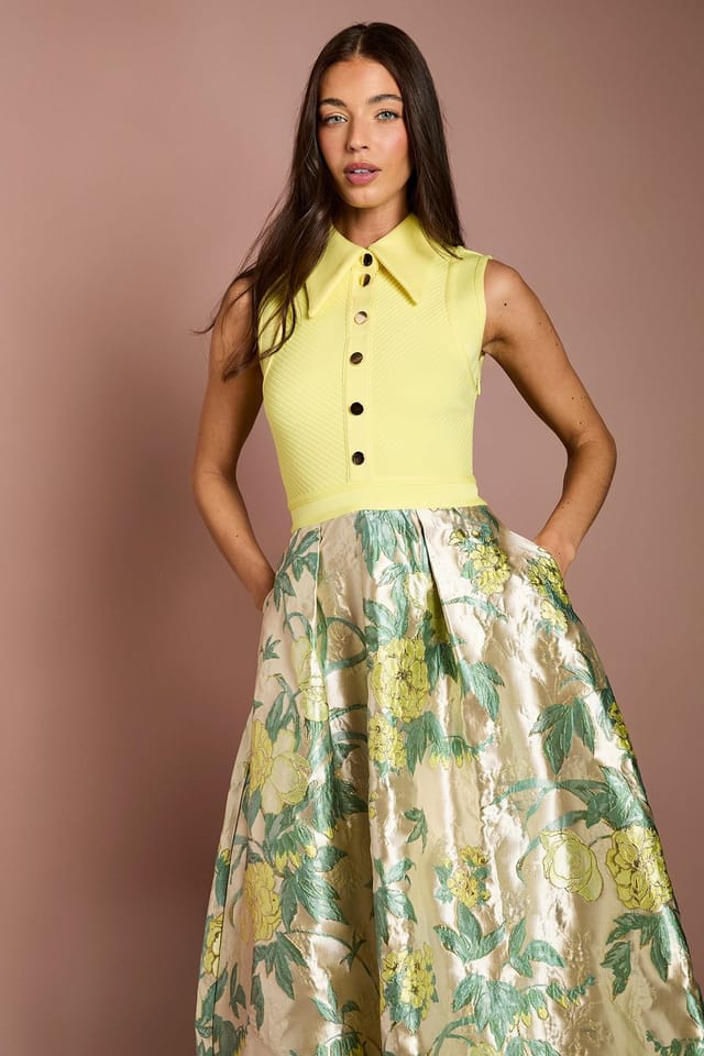 Coast Coast Women's Bandage Bodice Jacquard Skirt Midi Shirt Dress in Yellow - 2