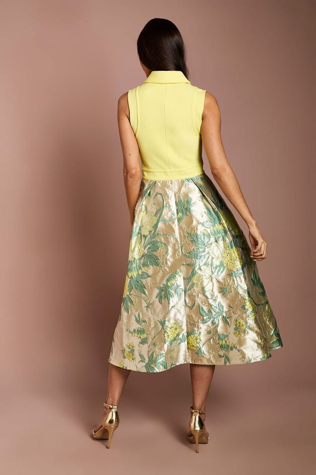 Coast Coast Women's Bandage Bodice Jacquard Skirt Midi Shirt Dress in Yellow - 3