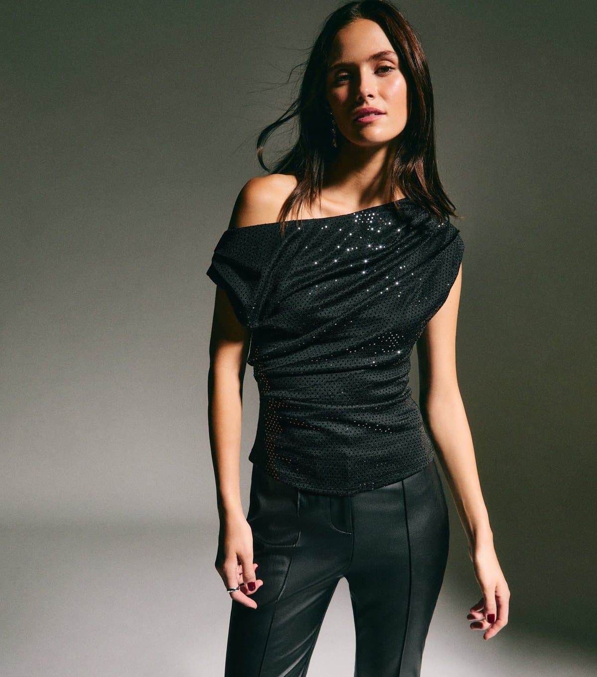 New Look Women's Black Jersey Sequin Draped Off-Shoulder Top New Look