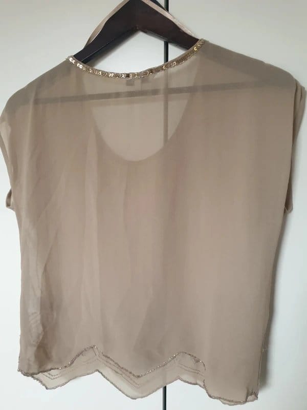 New Look Beige Sequin-Beaded Short Sleeve Top