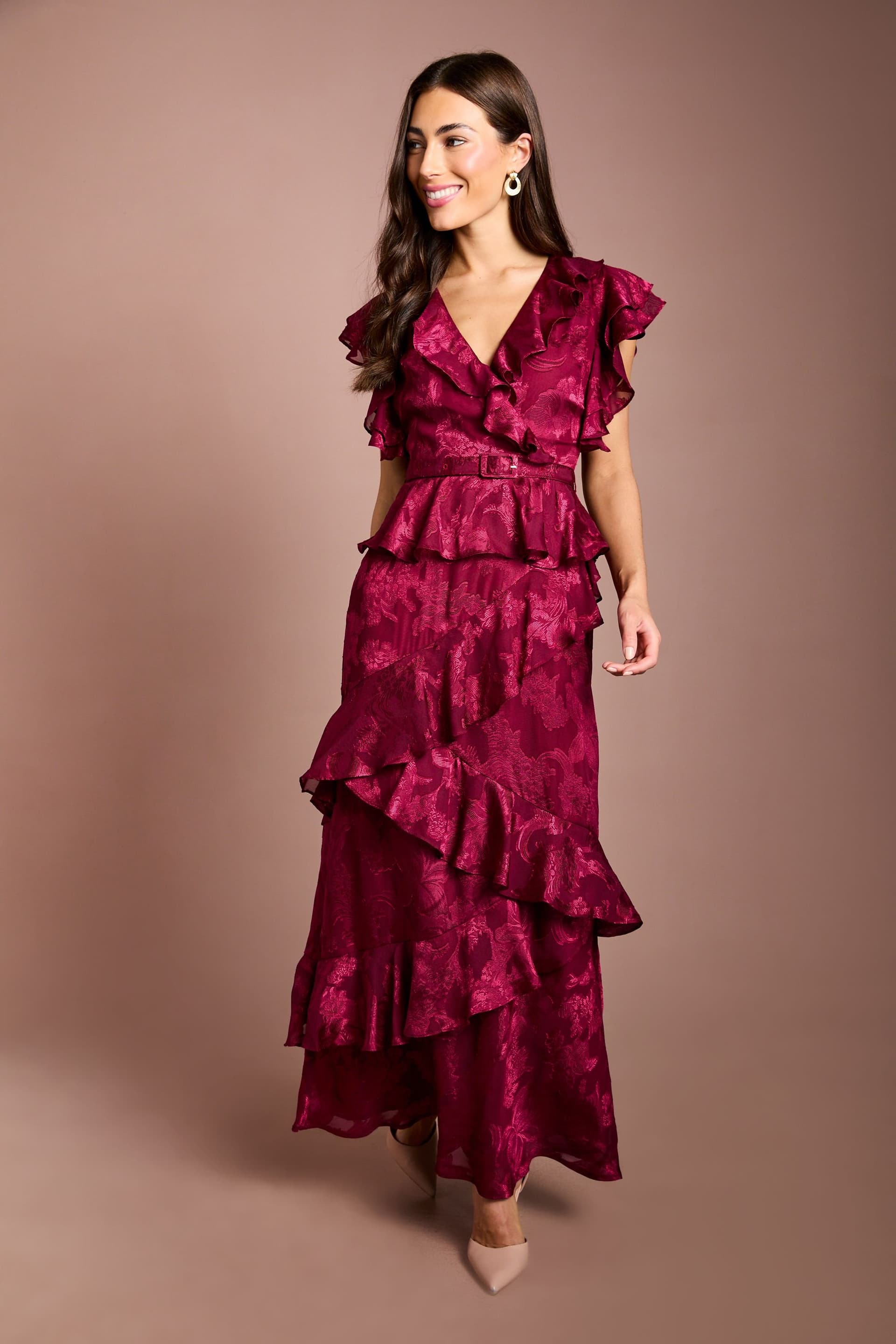 Coast Coast Women's V Neck Satin Jacquard Ruffle Midi Dress in Burgundy