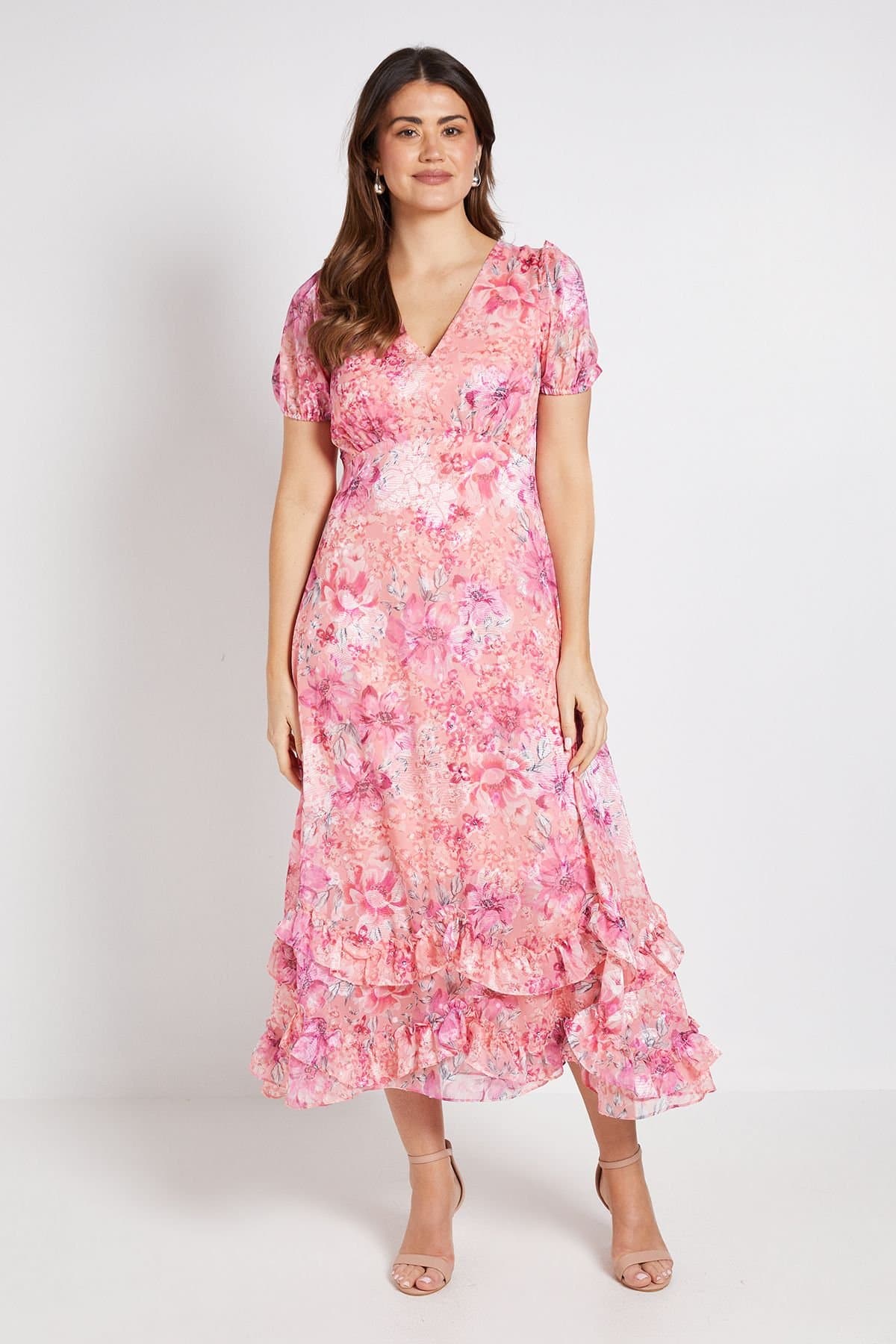 Wallis Wallis Women's Floral Satin Ruffle Hem Midaxi Dress in Pink