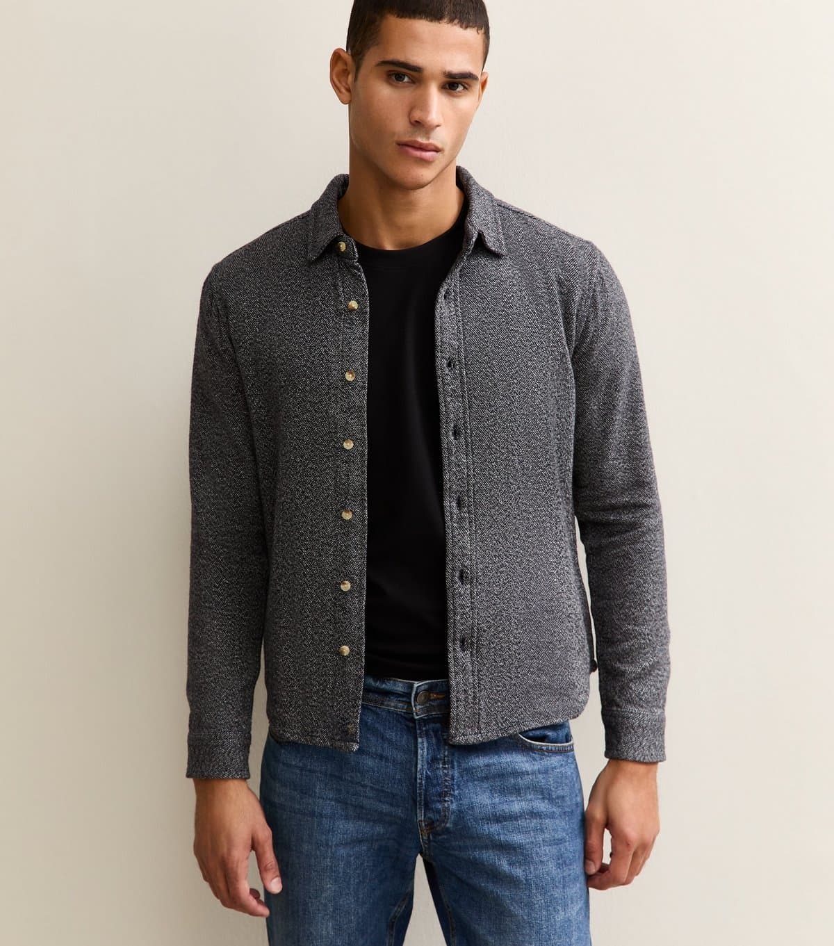 Unknown Men's Navy Regular Fit Long Sleeve Herringbone Shirt  New Look