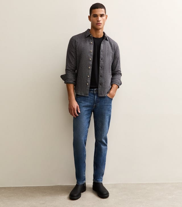 Unknown Men's Navy Regular Fit Long Sleeve Herringbone Shirt  New Look - 3