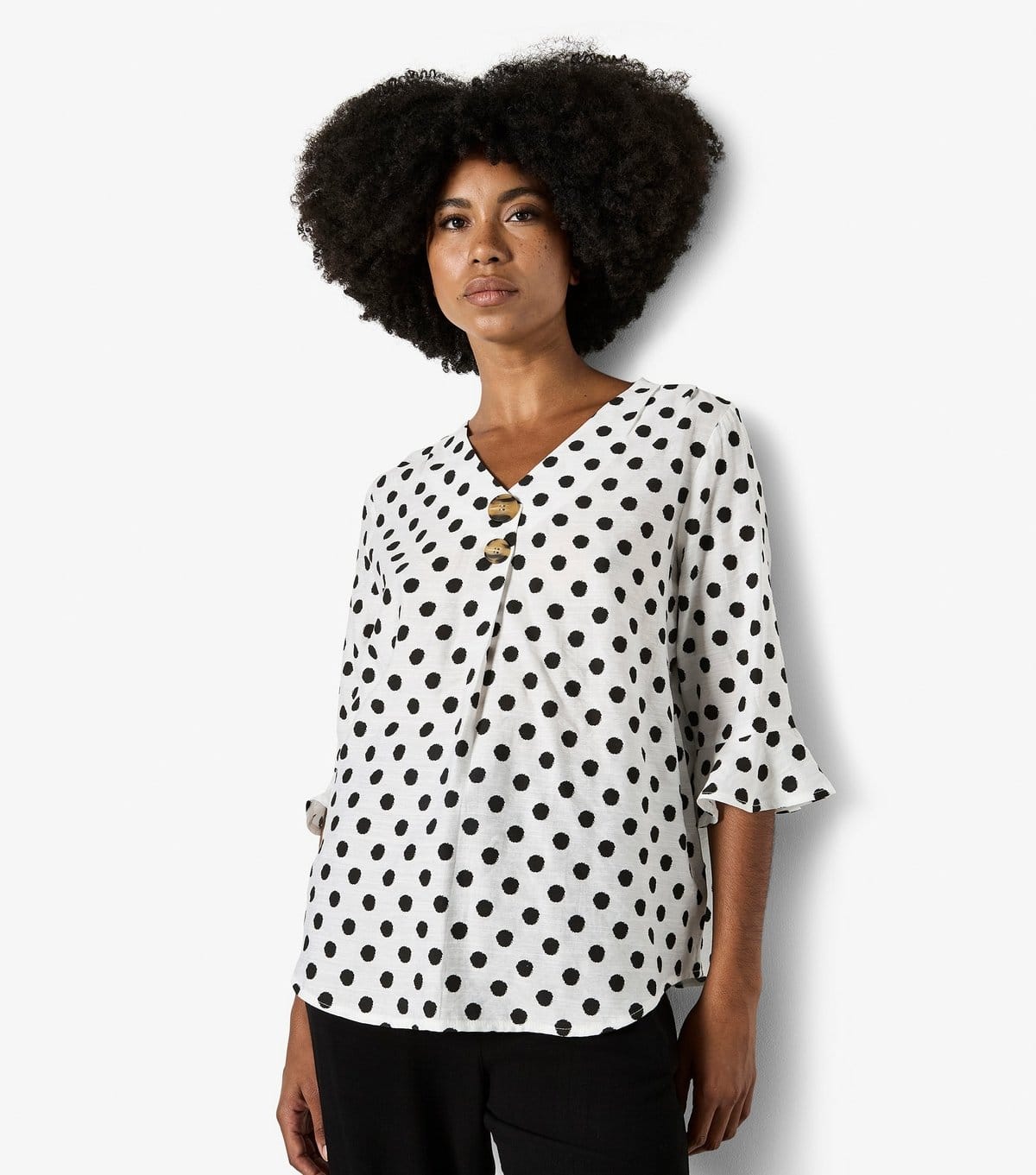 Apricot Polka Dot Print V-Neck 3/4 Sleeve Blouse