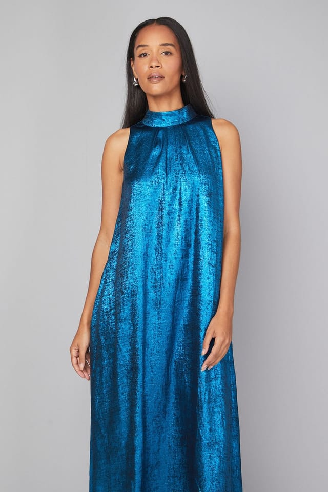 Principles Principles Women's Metallic Halterneck Maxi Dress in Blue - 2