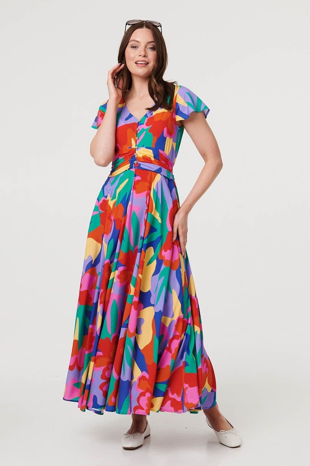 Izabel London Blue Abstract Floral Ruched Maxi Dress