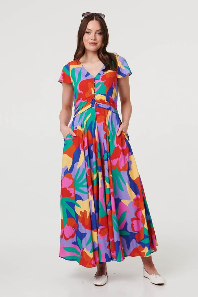 Izabel London Izabel London Women's Abstract Floral Tie Ruched Maxi Dress in Blue - 2