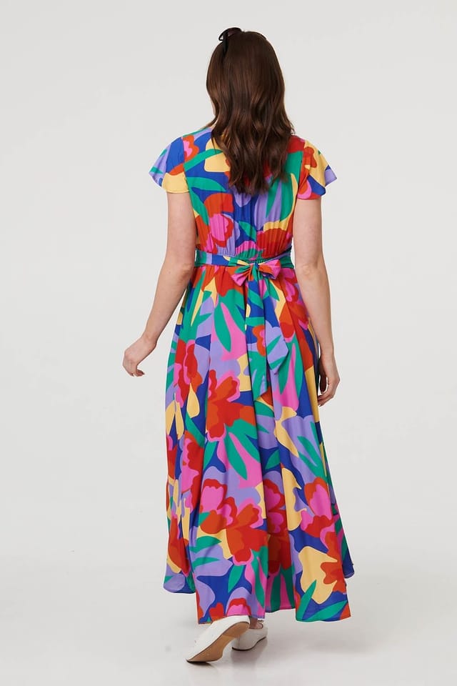 Izabel London Izabel London Women's Abstract Floral Tie Ruched Maxi Dress in Blue - 3