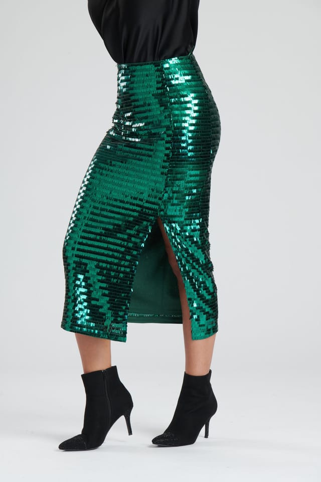 Finding Friday Finding Friday Women's Shard Sequin Midi Skirt With Split in Green - 3