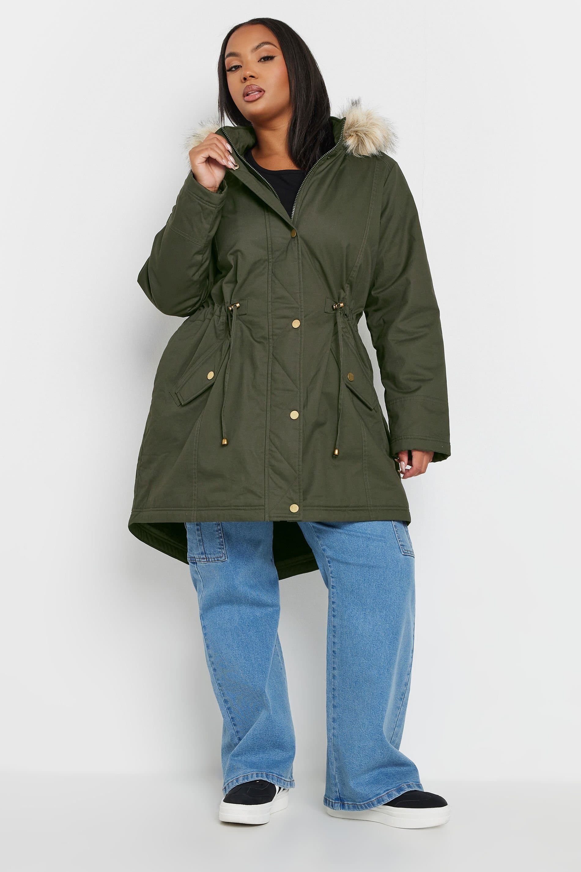 Yours Yours Women's Faux Fur Trim Parka Coat in Dark Green