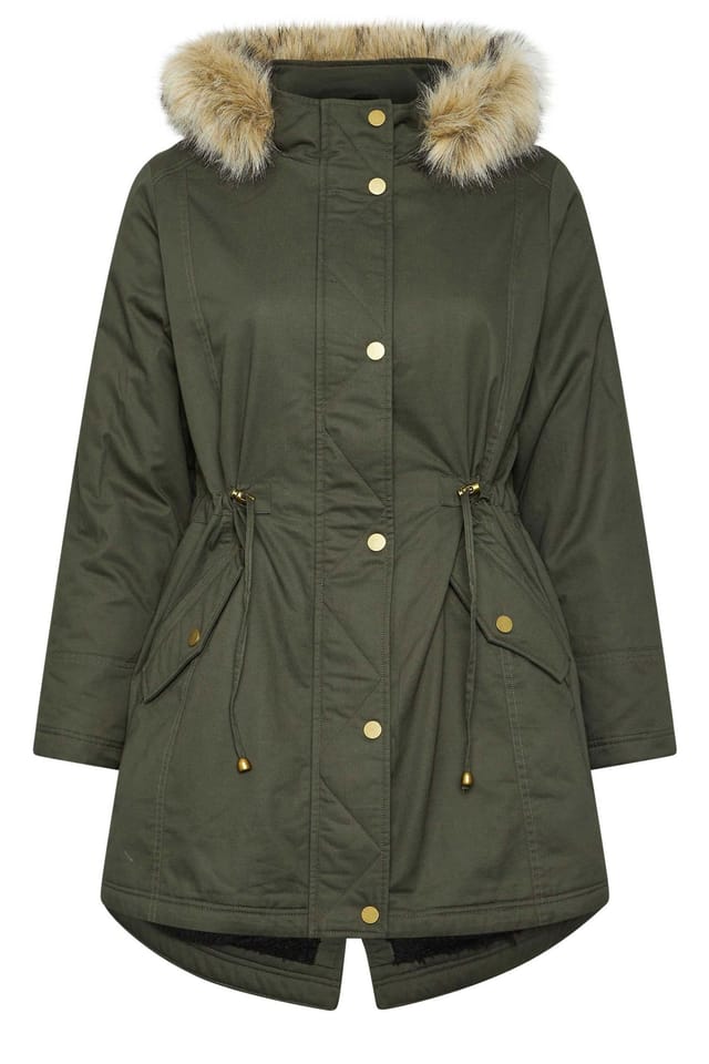 Yours Yours Women's Faux Fur Trim Parka Coat in Dark Green - 2