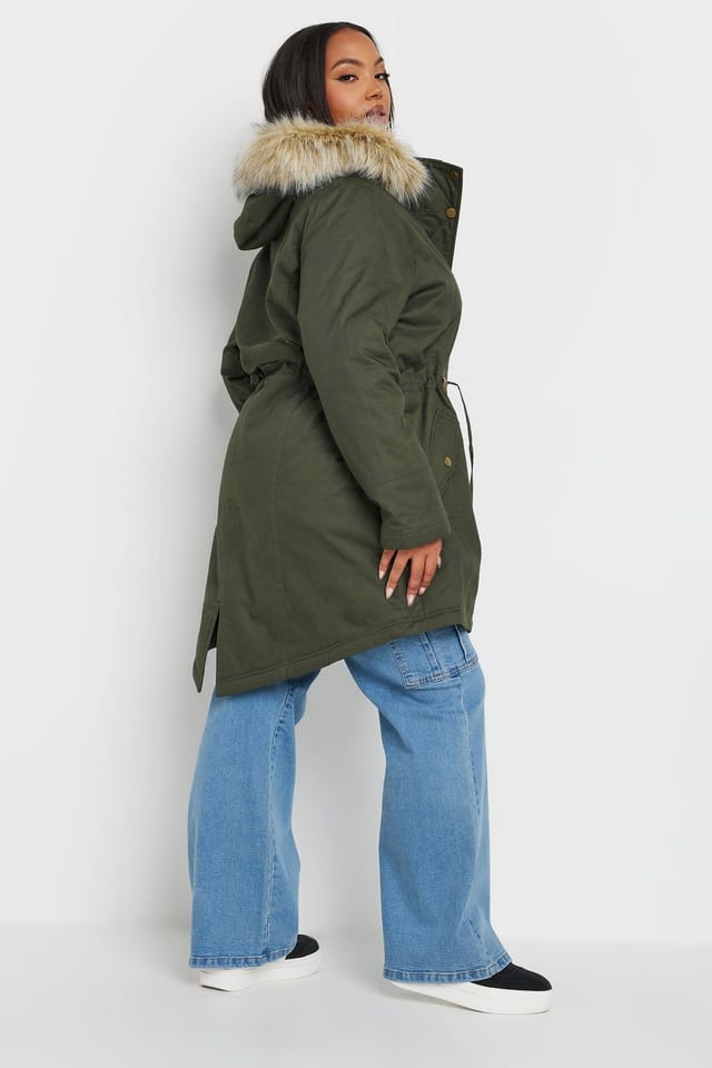 Yours Yours Women's Faux Fur Trim Parka Coat in Dark Green - 3