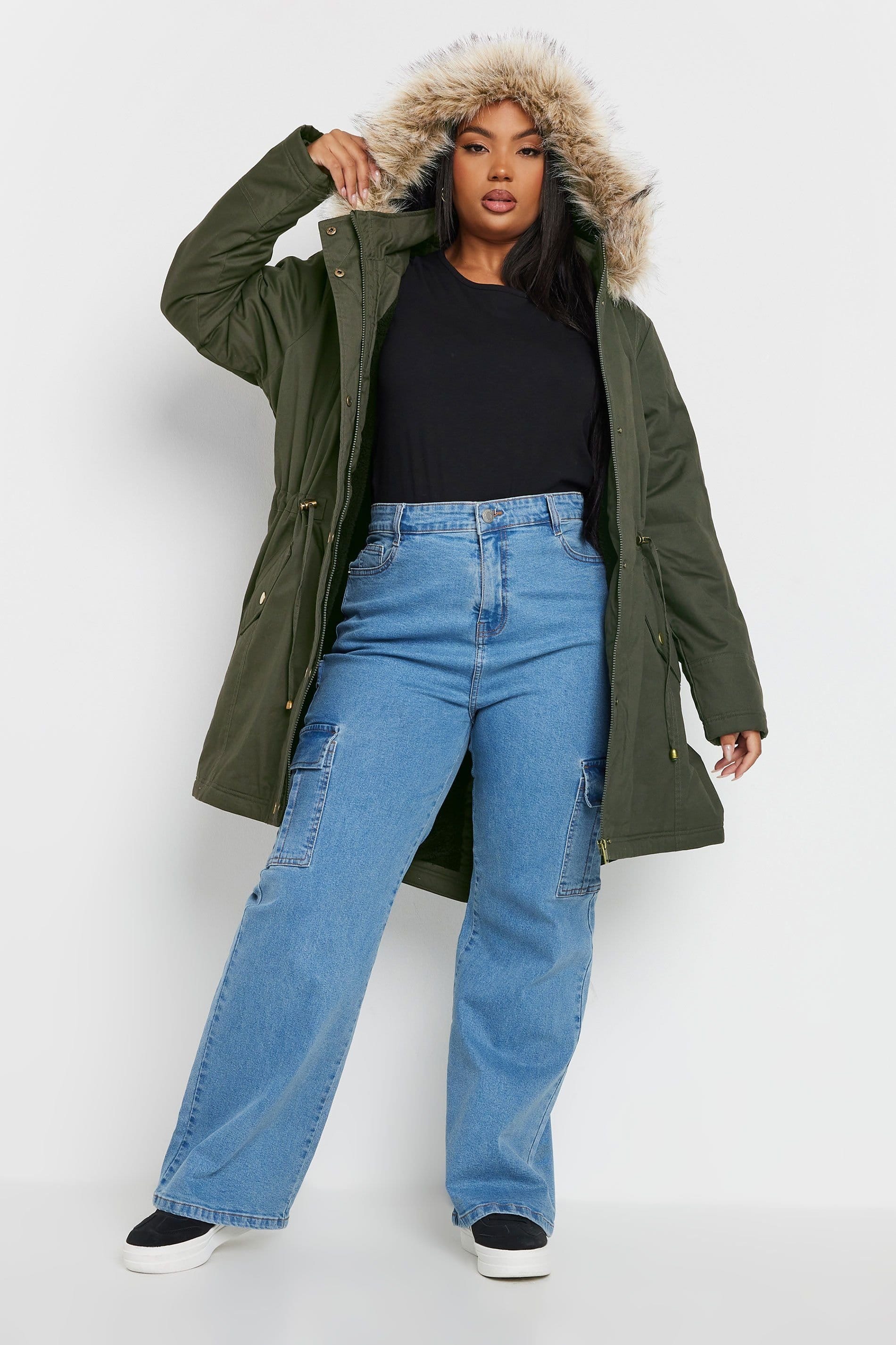 Yours Yours Women's Faux Fur Trim Parka Coat in Dark Green - 4