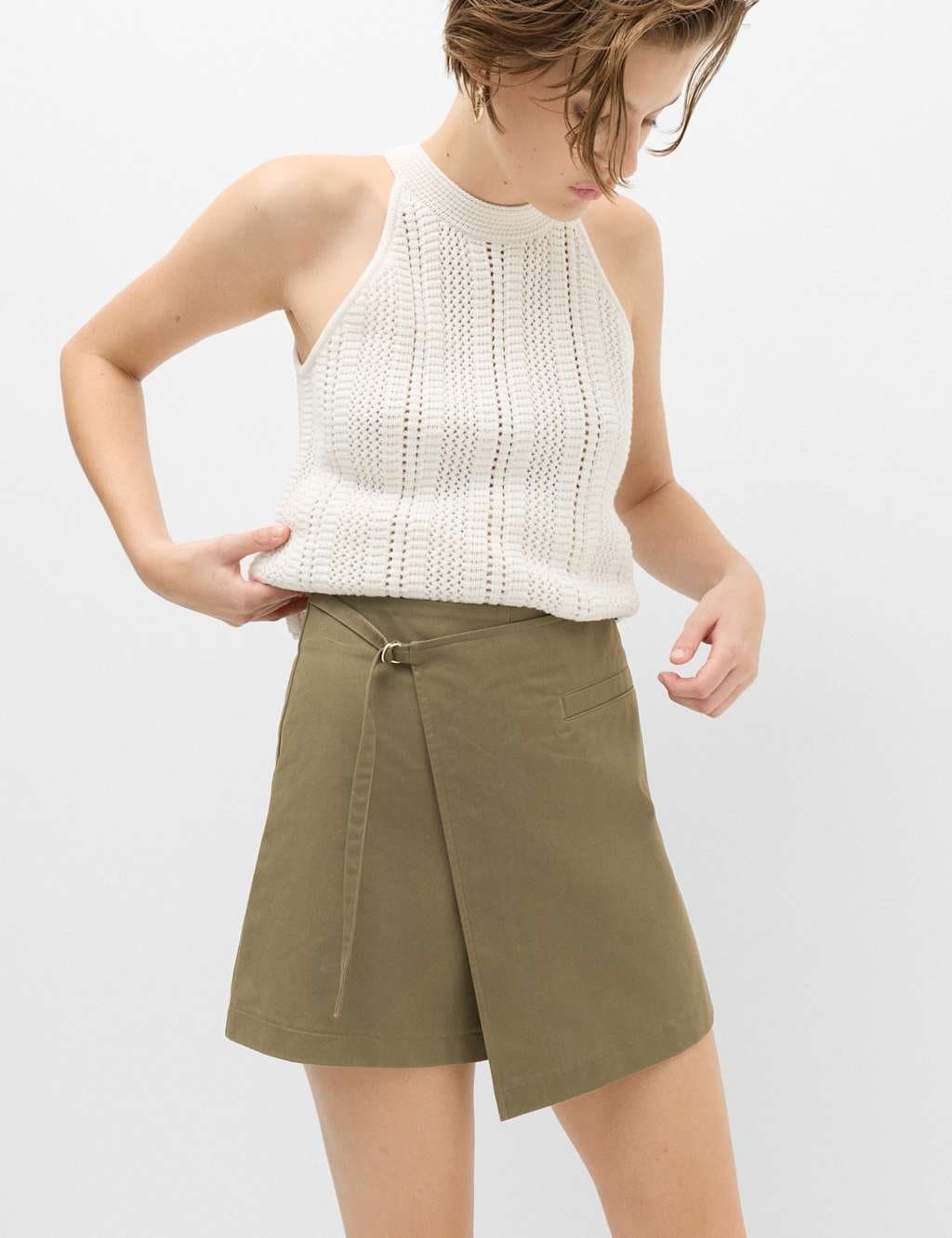 Marks & Spencer M&S Cotton Rich Utility Wrap Skort Dark Khaki
