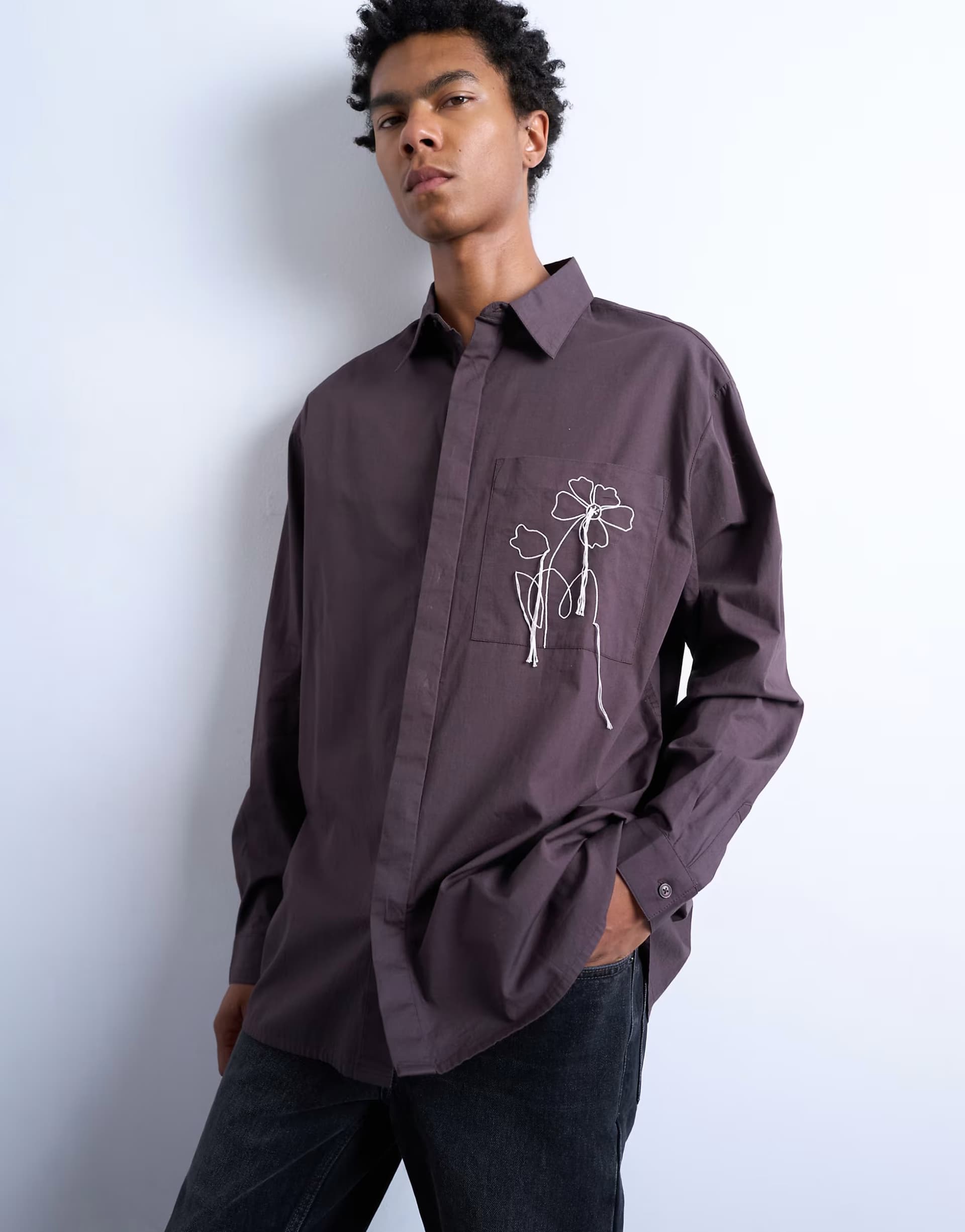 ASOS Topman oversized fit poplin shirt with floral embroidery in brown