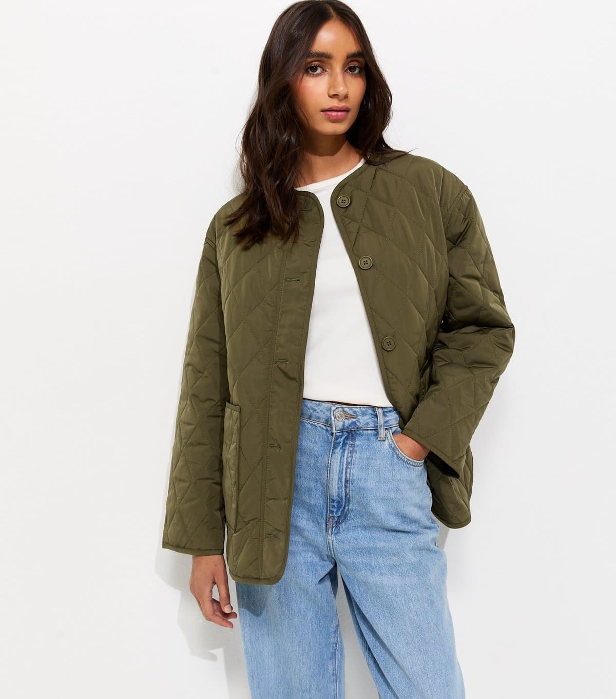 New Look Women's Dark Khaki Longline Quilted Jacket New Look