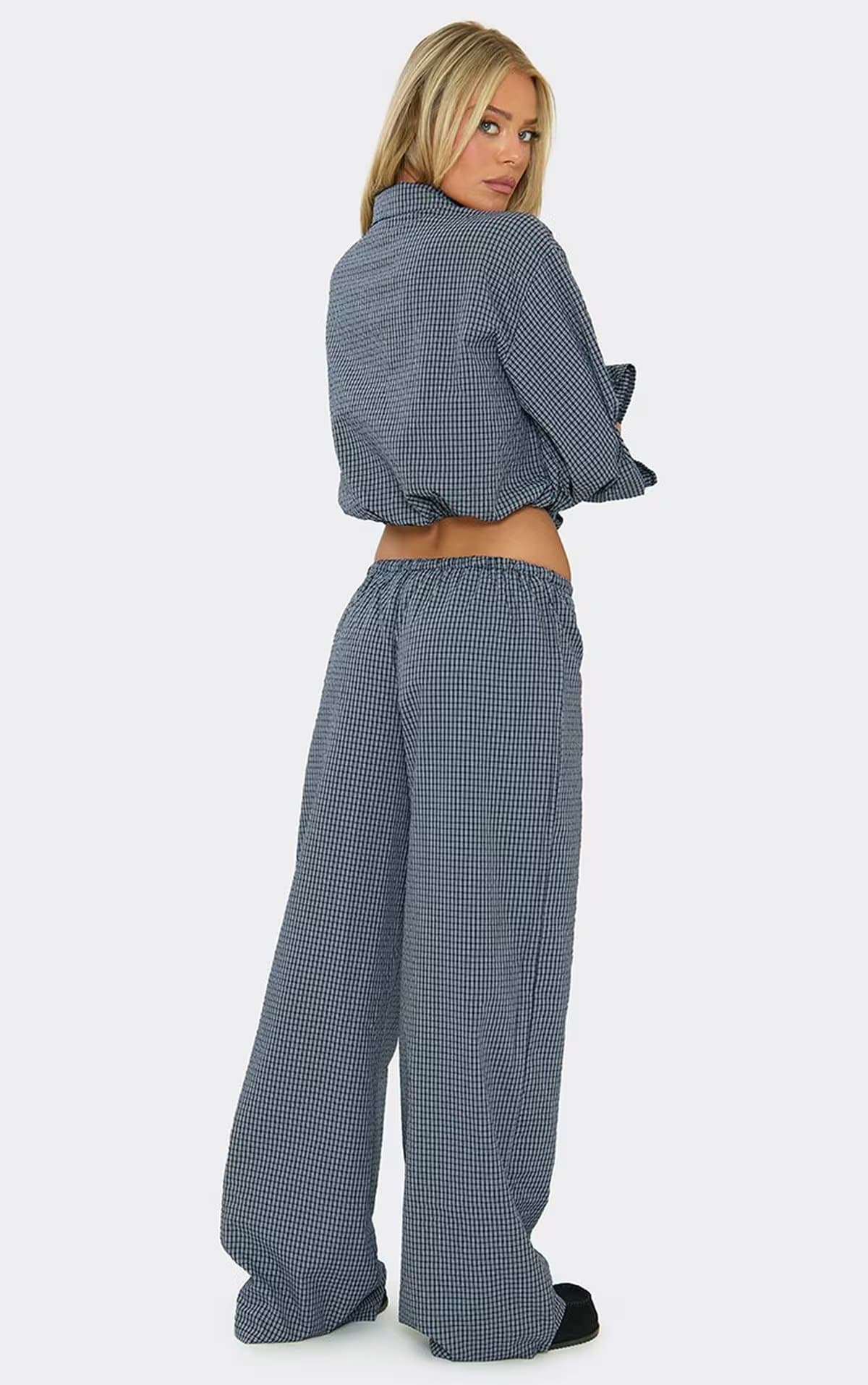 EGO Low Waist Wide Leg Trousers In Navy Check Print, Women's Size UK 6