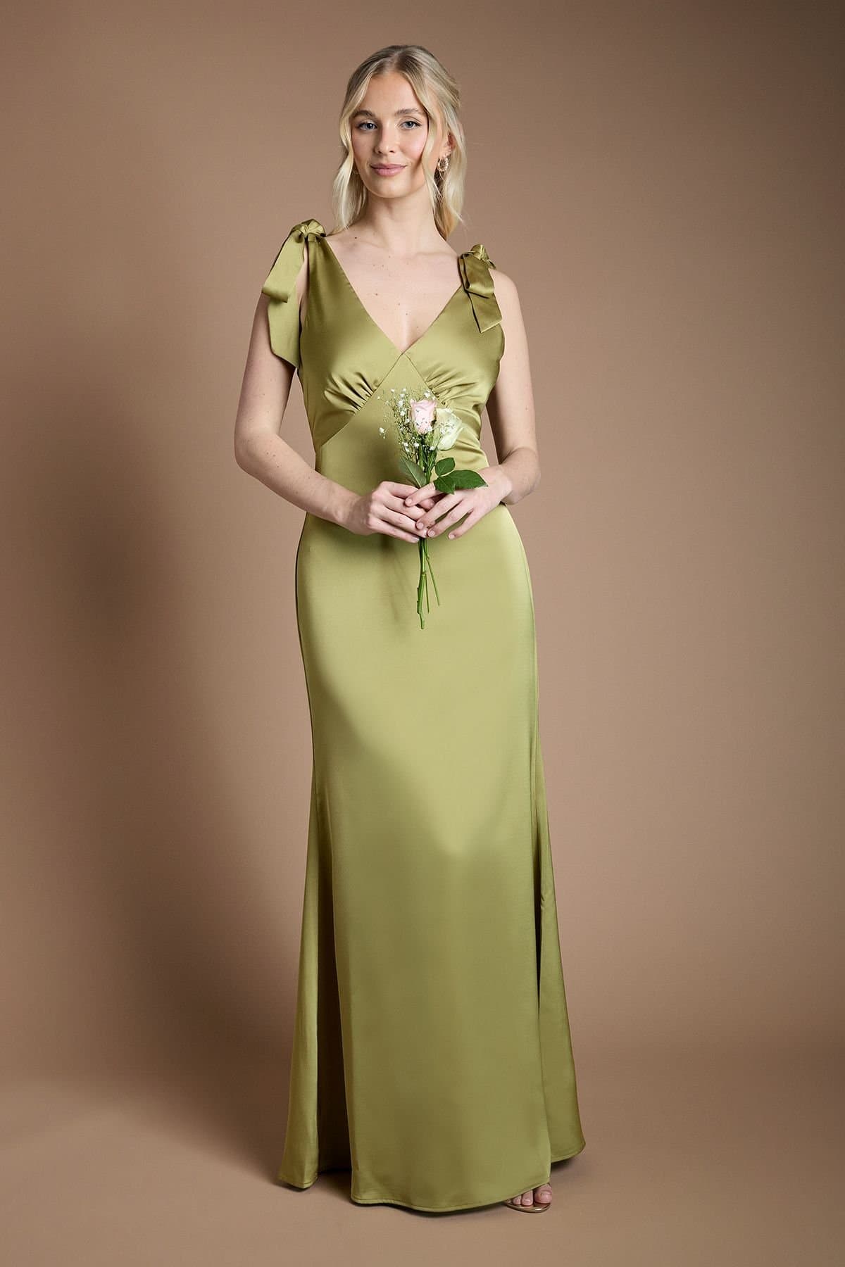 Coast Coast Women's Honoured Satin Back Crepe V Neck Tie Shoulder Maxi Bridesmaid Dress in Olive