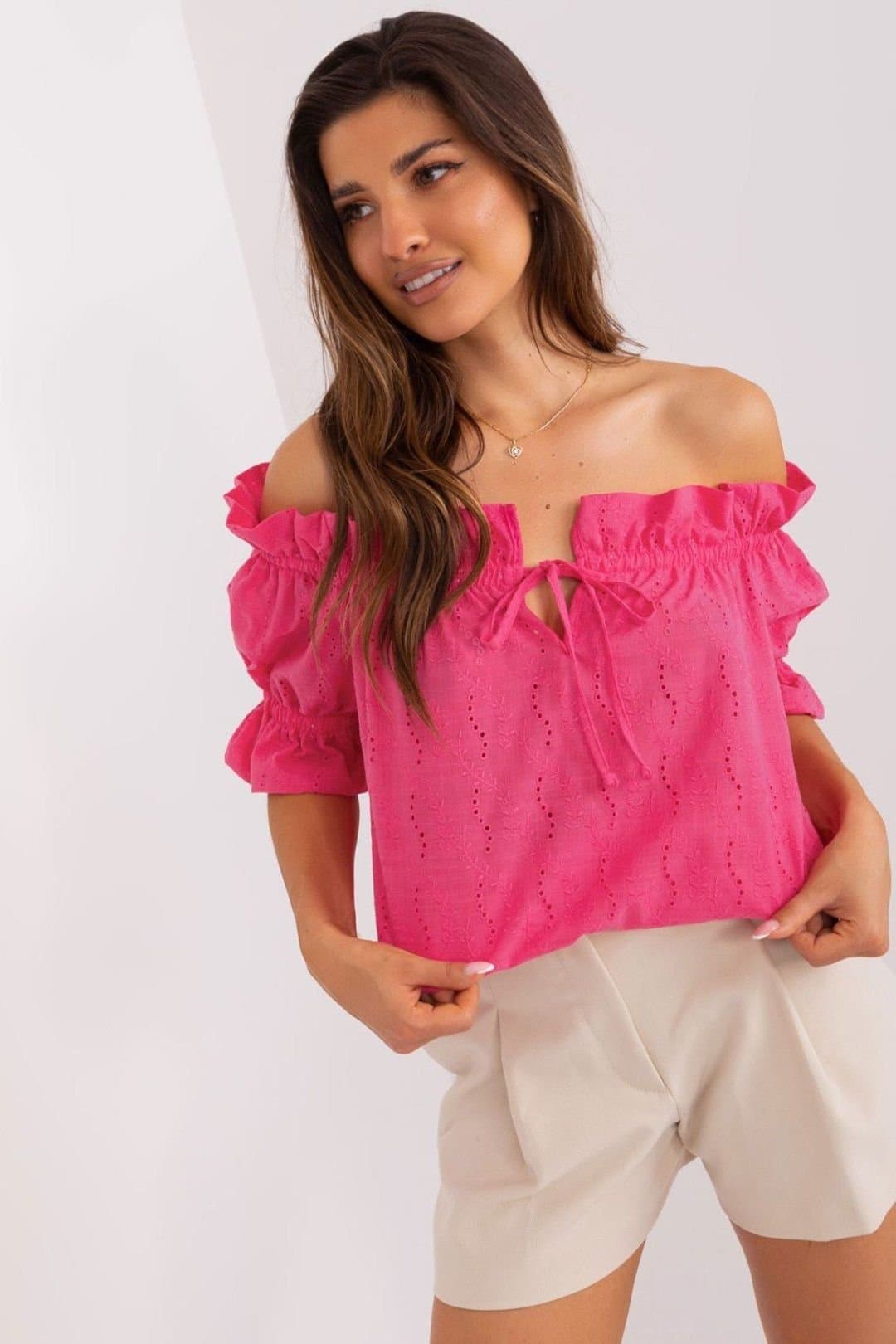 Love Lace Love Lace Women's Short Sleeve Spanish Neckline Openwork Blouse in Pink