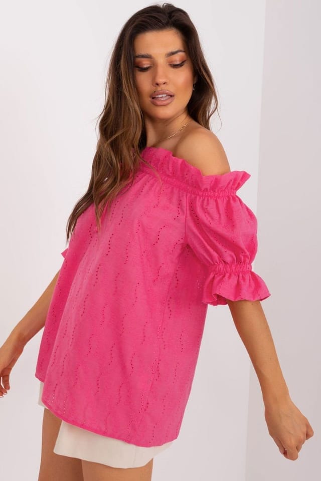 Love Lace Love Lace Women's Short Sleeve Spanish Neckline Openwork Blouse in Pink - 2