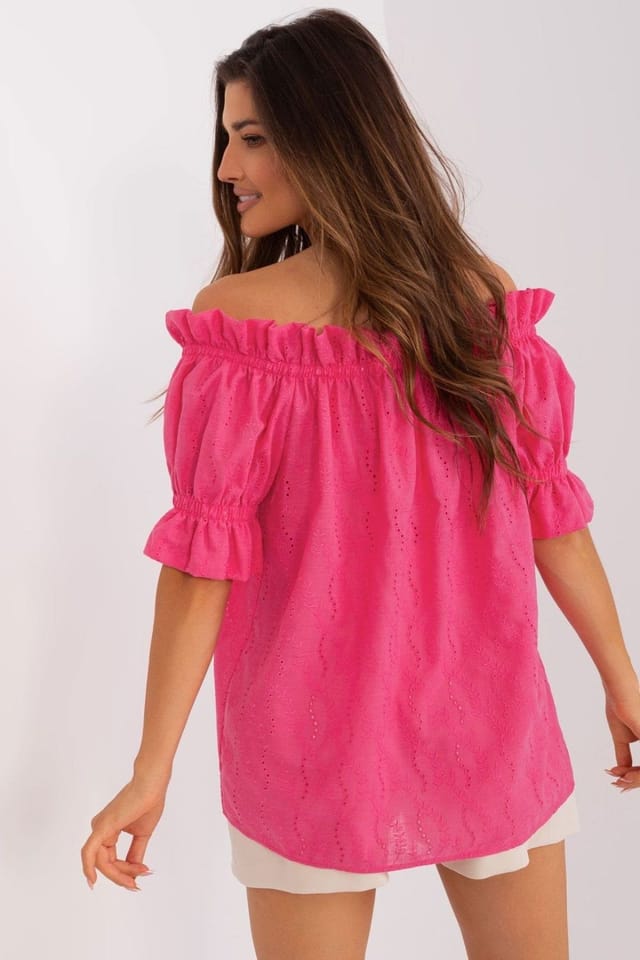 Love Lace Love Lace Women's Short Sleeve Spanish Neckline Openwork Blouse in Pink - 3