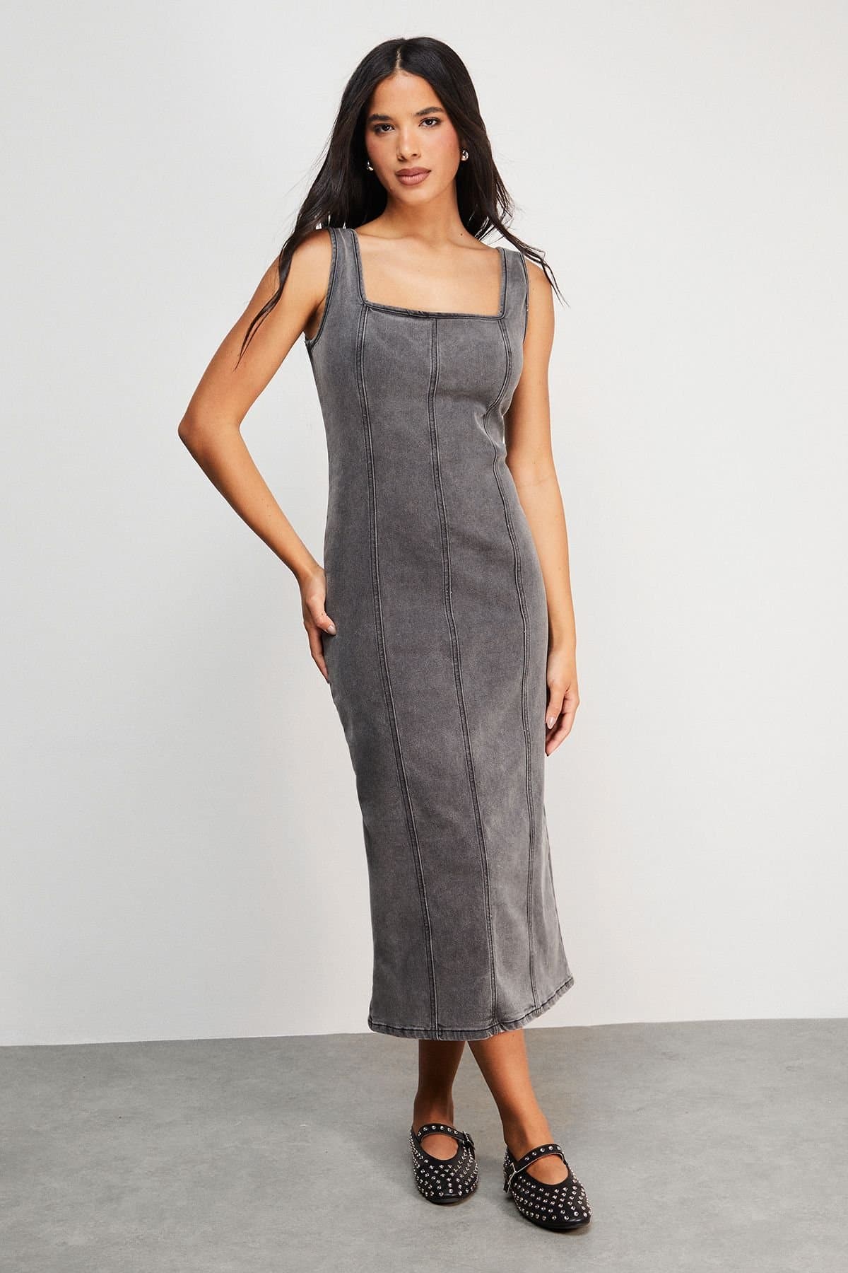 Warehouse Warehouse Women's Seam Detail Fitted Denim Midi Dress in Grey