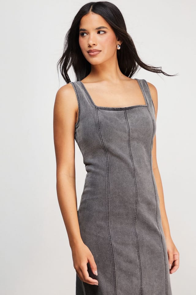Warehouse Warehouse Women's Seam Detail Fitted Denim Midi Dress in Grey - 2