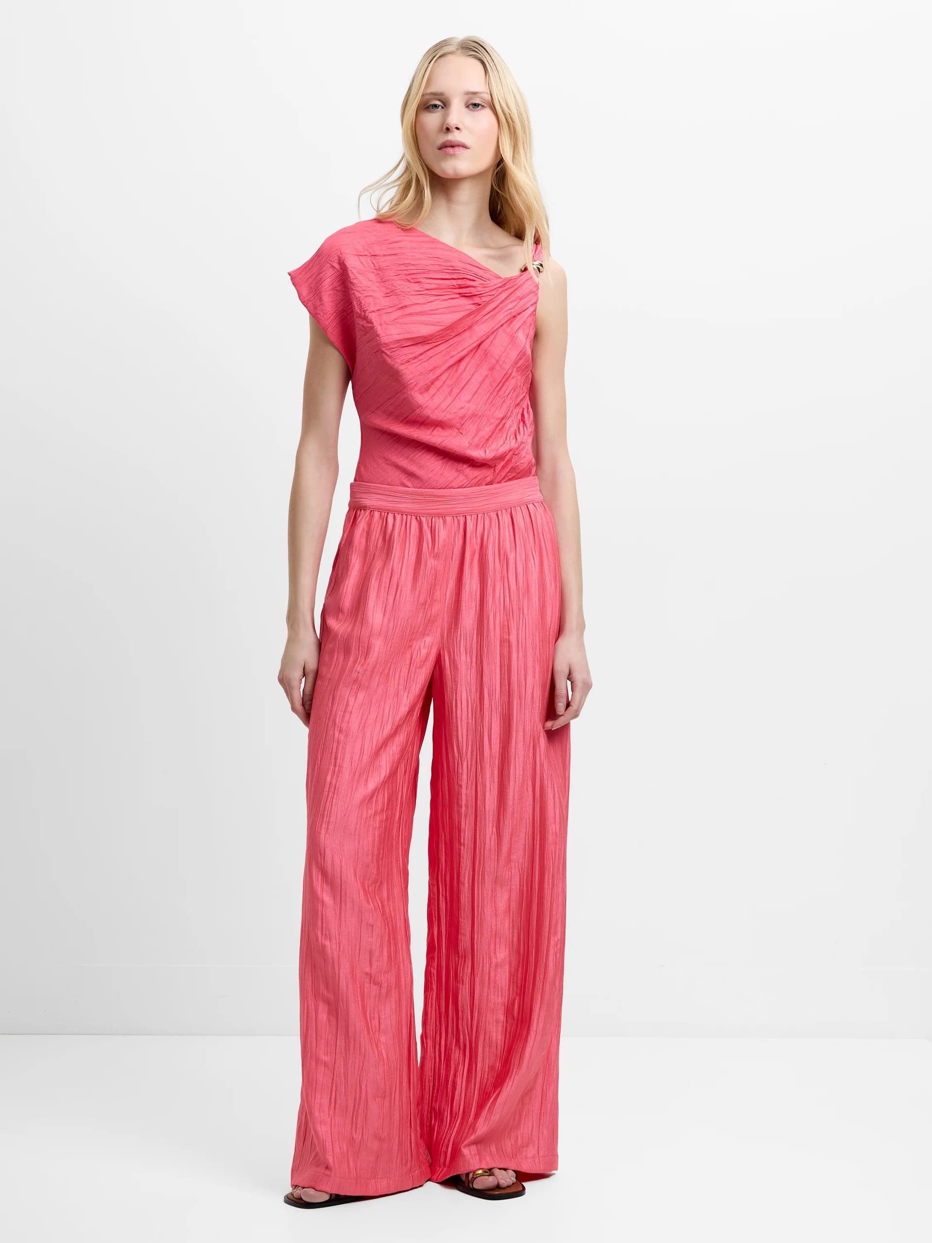 French Connection Novie Crinkle Wide Leg Trousers Fuschia Pink