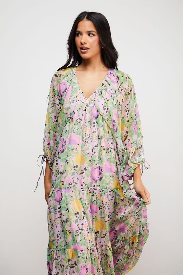 Warehouse Warehouse Women's Chiffon Batwing Midi Dress in Floral - 2