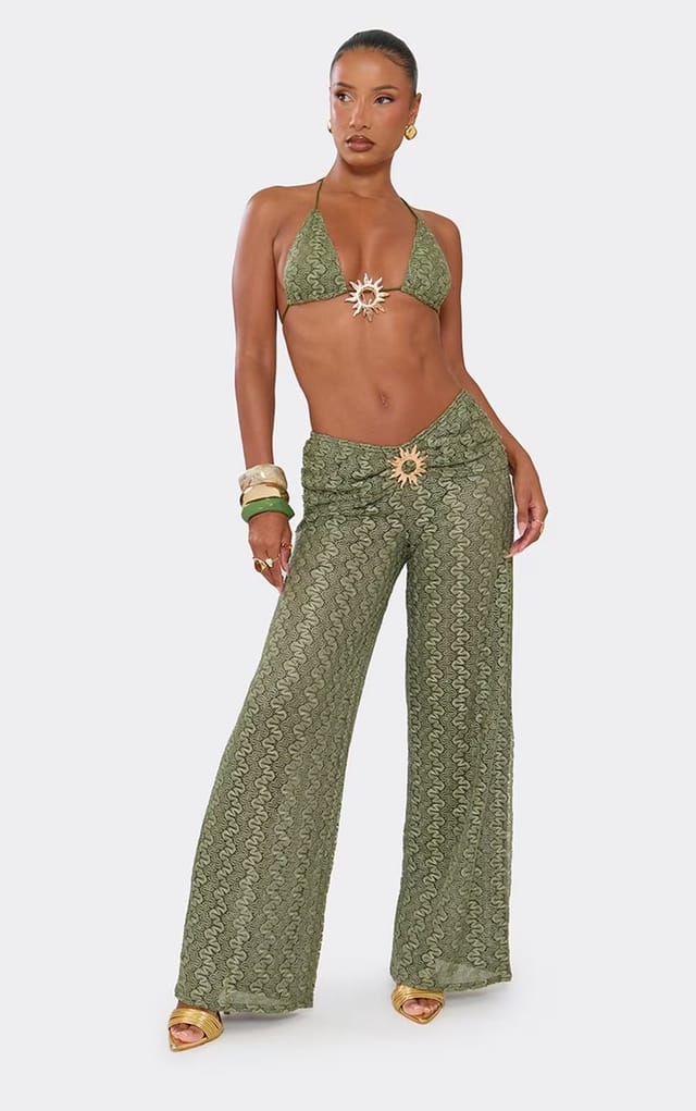 EGO Ruched Panel Trim Detail Straight Leg Trousers In Green Texture, Women's Size UK 6 - 2